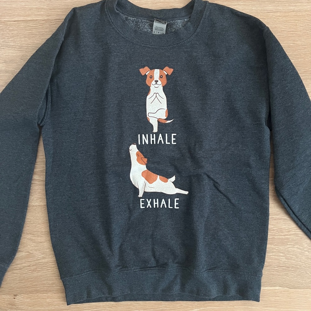 Inhale Exhale yoga terrier dog sweatshirt charcoal grey size S